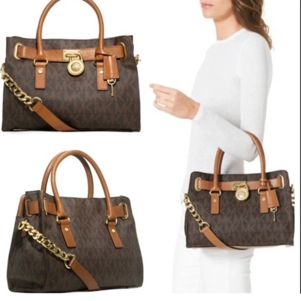 Michael Kors Hamilton Satchel Brown Monogram Canvas Tan Leather Gold Padlock Bag